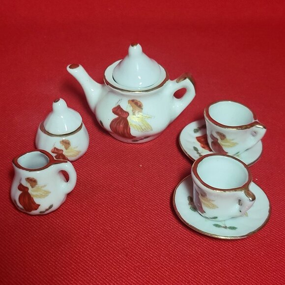 VTG Miniature Doll 9 Piece Angel Tea Set in Lined Wicker Picnic Basket - Picture 9 of 13